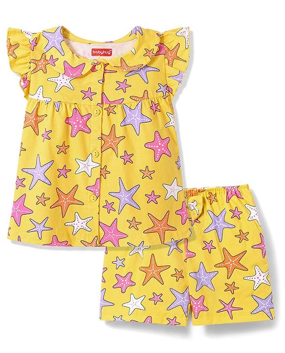 Babyhug 100% Cotton Knit Half Sleeves Sea Life Printed Co-Ords Top & Shorts Night Suit - Yellow