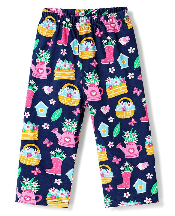 Babyhug Cotton Knit Full Sleeves Floral Printed Co-Ords Top & Pyjama Night Suit - Navy Blue