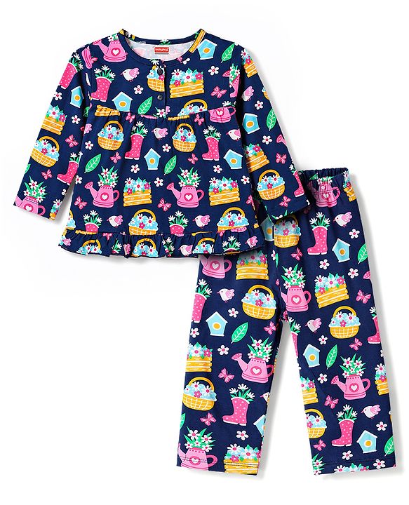 Babyhug Cotton Knit Full Sleeves Floral Printed Co-Ords Top & Pyjama Night Suit - Navy Blue