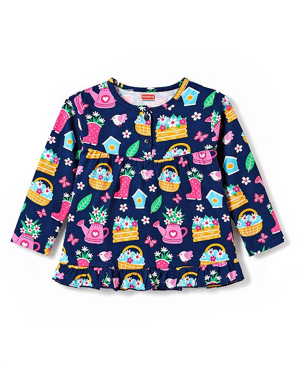 Babyhug Cotton Knit Full Sleeves Floral Printed Co-Ords Top & Pyjama Night Suit - Navy Blue
