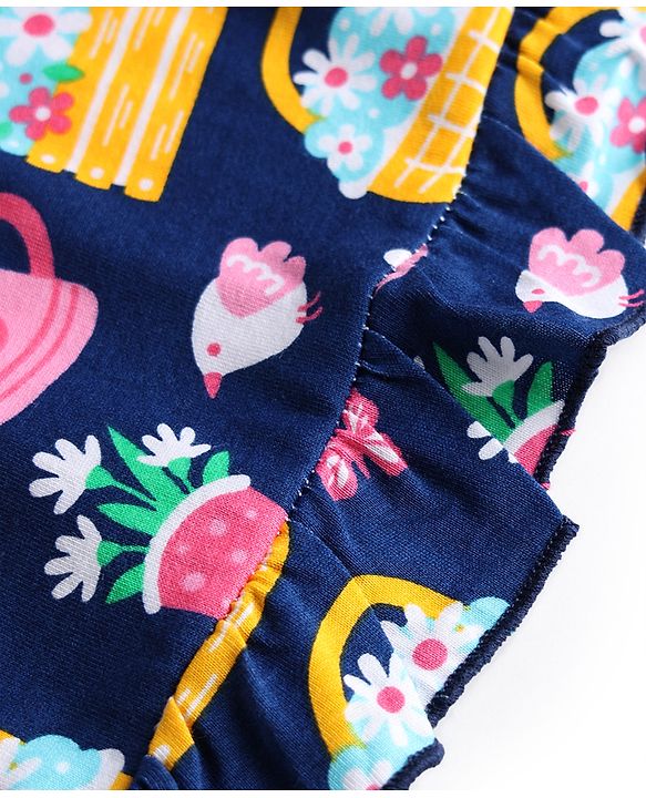 Babyhug Cotton Knit Full Sleeves Floral Printed Co-Ords Top & Pyjama Night Suit - Navy Blue