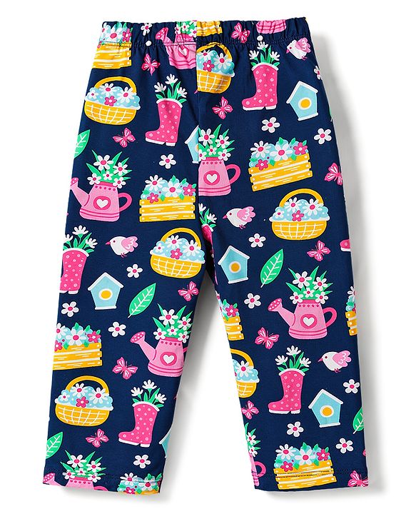 Babyhug Cotton Knit Full Sleeves Floral Printed Co-Ords Top & Pyjama Night Suit - Navy Blue