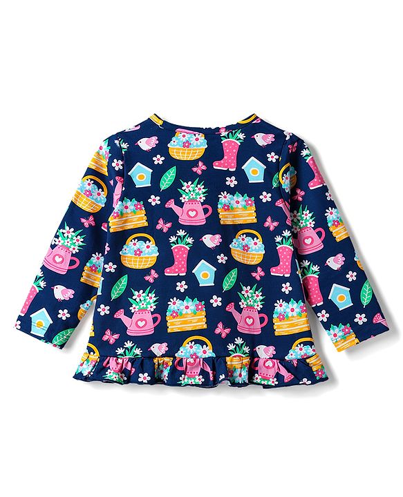 Babyhug Cotton Knit Full Sleeves Floral Printed Co-Ords Top & Pyjama Night Suit - Navy Blue