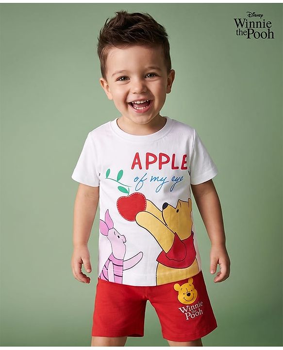 Babyhug Disney Single Jersey Knit Half Sleeves T-Shirt & Shorts Night Suit with Winnie the Pooh Graphics - White