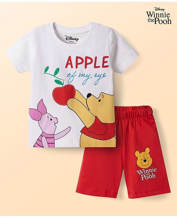Babyhug Disney Single Jersey Knit Half Sleeves T-Shirt & Shorts Night Suit with Winnie the Pooh Graphics - White