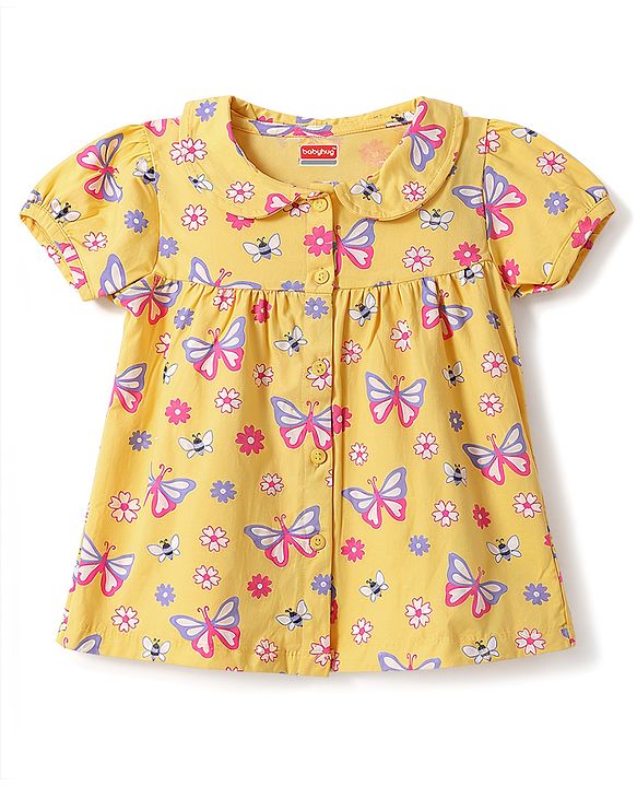 Babyhug 100% Cotton Knit Half Sleeves Floral & Butterfly Printed Co-Ords Top & Shorts Night Suit - Orange