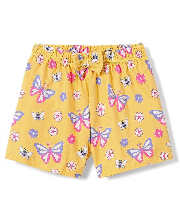 Babyhug 100% Cotton Knit Half Sleeves Floral & Butterfly Printed Co-Ords Top & Shorts Night Suit - Orange