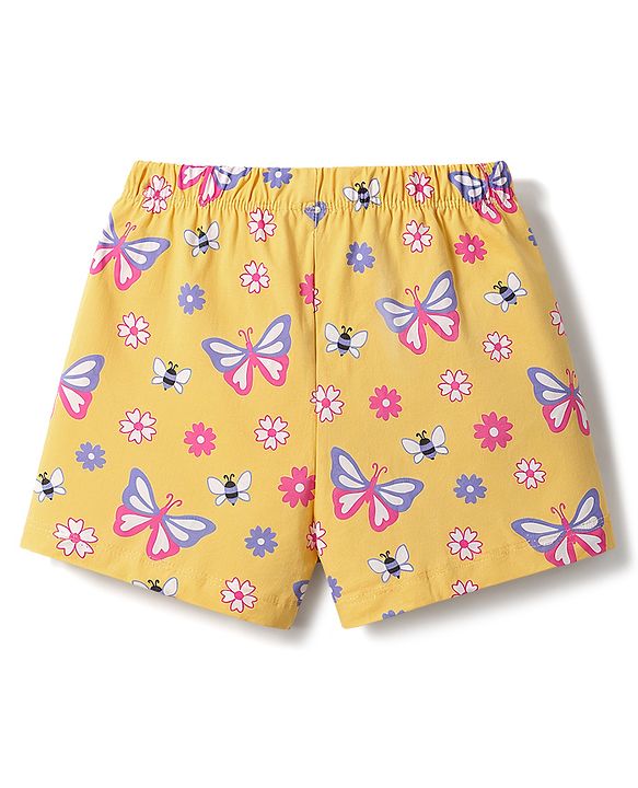 Babyhug 100% Cotton Knit Half Sleeves Floral & Butterfly Printed Co-Ords Top & Shorts Night Suit - Orange