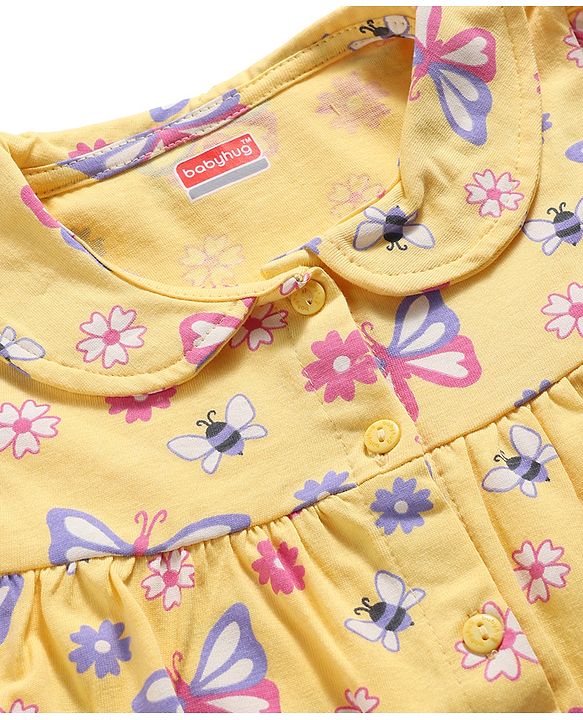 Babyhug 100% Cotton Knit Half Sleeves Floral & Butterfly Printed Co-Ords Top & Shorts Night Suit - Orange