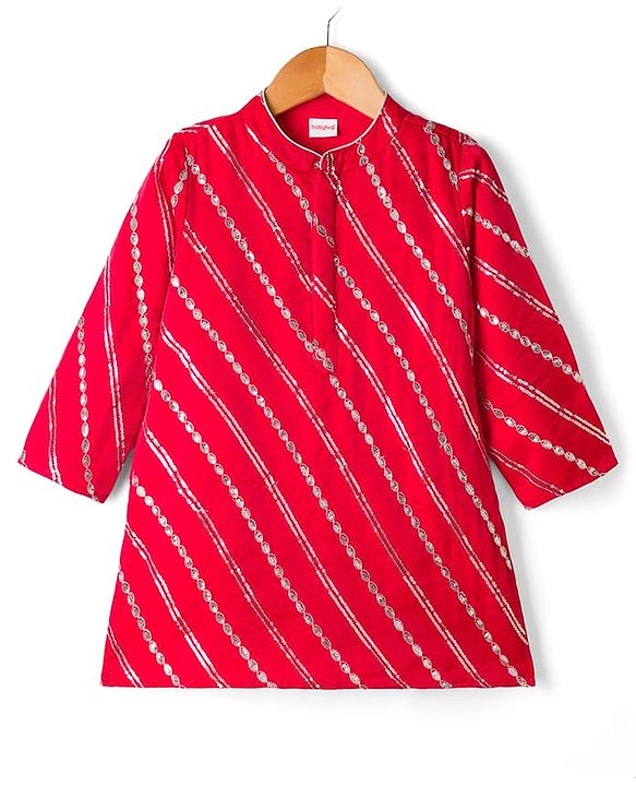 Babyhug Cotton Blend Woven Full Sleeves Kurta Dhoti Set With Sequin Detailing - Red