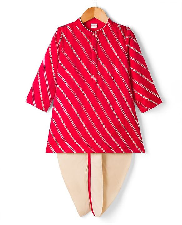 Babyhug Cotton Blend Woven Full Sleeves Kurta Dhoti Set With Sequin Detailing - Red