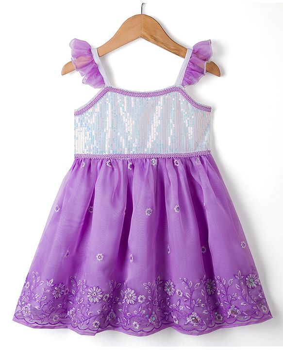 Babyhug Organza Woven Sleeveless Ethnic Dress With Floral Embroidery - Purple