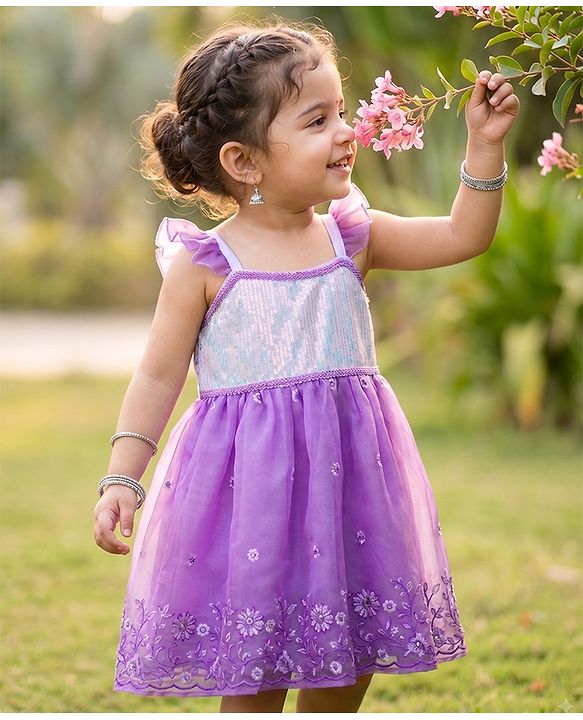 Babyhug Organza Woven Sleeveless Ethnic Dress With Floral Embroidery - Purple