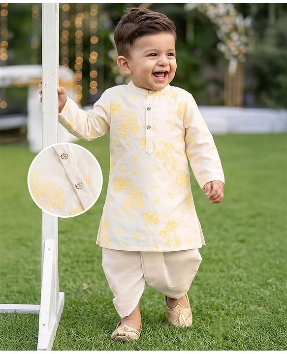 Babyhug Chanderi Woven Full Sleeves Kurta Dhoti Set with Floral Embroidery - White
