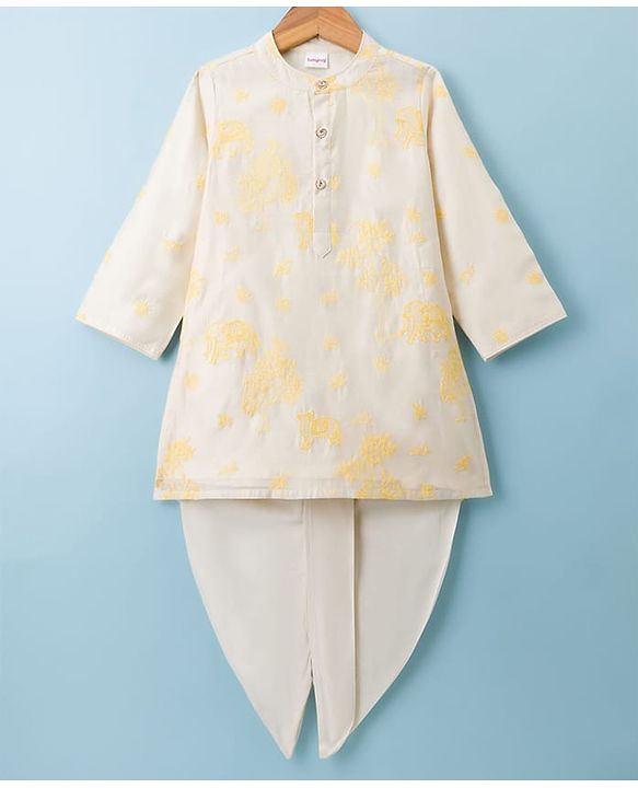Babyhug Chanderi Woven Full Sleeves Kurta Dhoti Set with Floral Embroidery - White