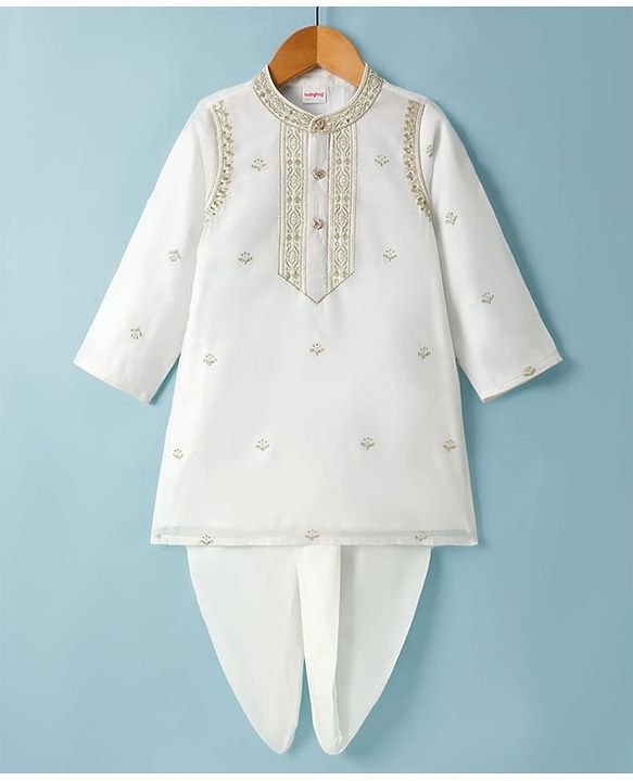 Babyhug Cotton Blend Woven Full Sleeves Kurta Dhoti Set With Floral Embroidery - White