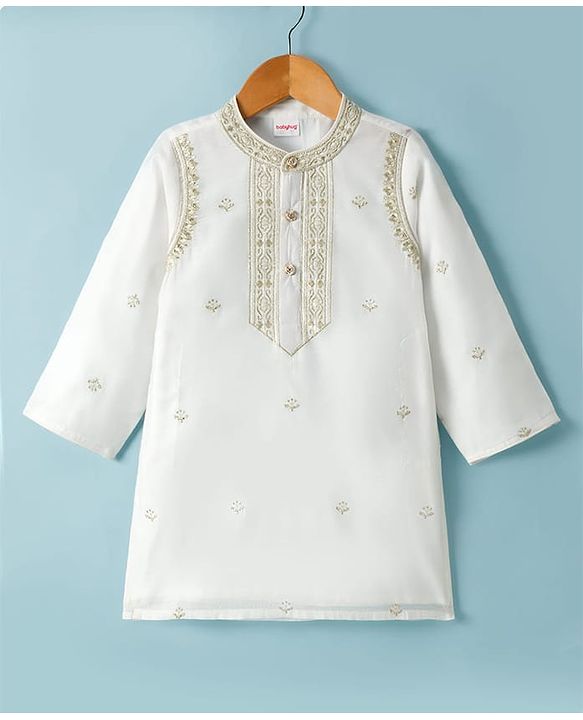 Babyhug Cotton Blend Woven Full Sleeves Kurta Dhoti Set With Floral Embroidery - White