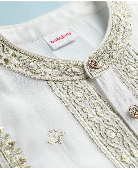 Babyhug Cotton Blend Woven Full Sleeves Kurta Dhoti Set With Floral Embroidery - White