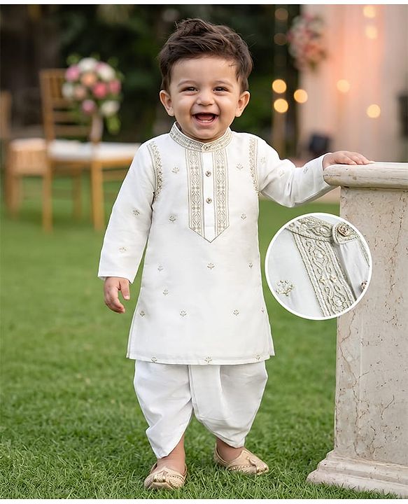 Babyhug Cotton Blend Woven Full Sleeves Kurta Dhoti Set With Floral Embroidery - White