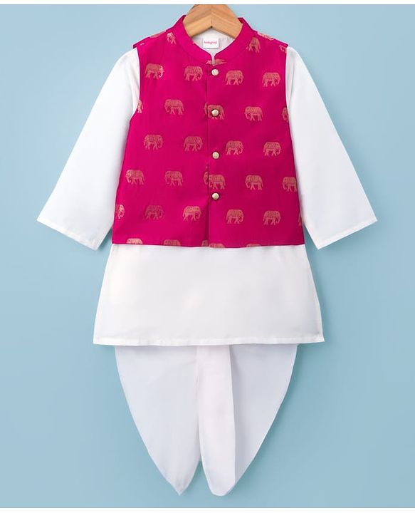 Babyhug Cotton Blend Woven Full Sleeves Solid Kurta & Dhoti Set With Elephant Printed Jacket - OffWhite