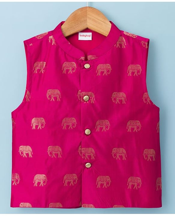 Babyhug Cotton Blend Woven Full Sleeves Solid Kurta & Dhoti Set With Elephant Printed Jacket - OffWhite