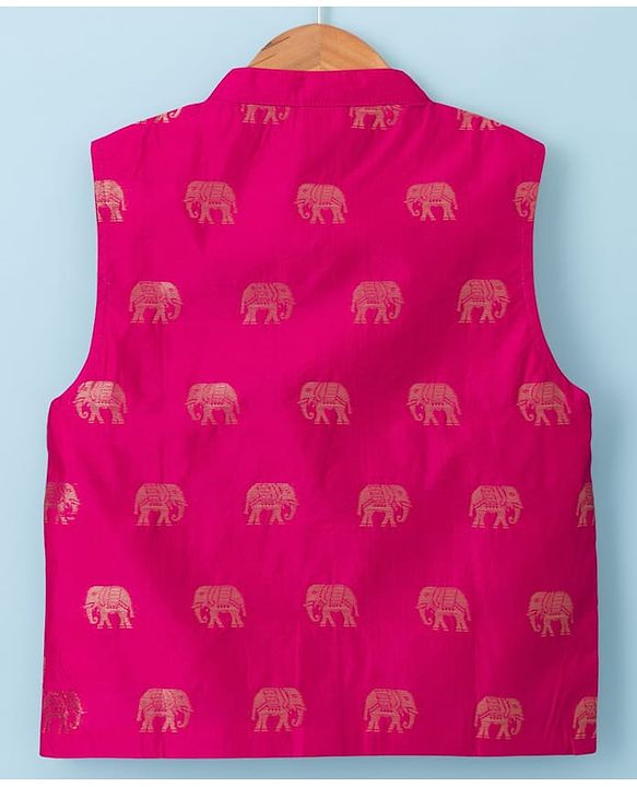 Babyhug Cotton Blend Woven Full Sleeves Solid Kurta & Dhoti Set With Elephant Printed Jacket - OffWhite