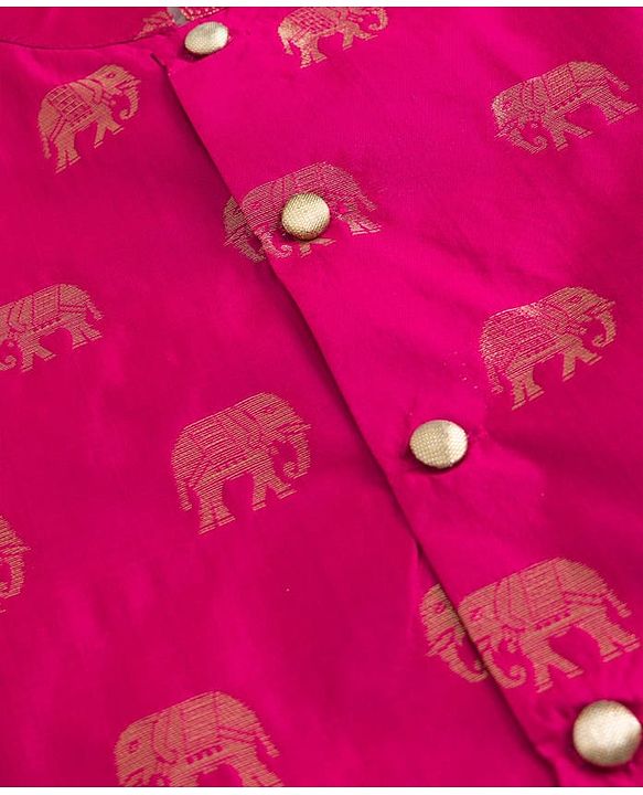 Babyhug Cotton Blend Woven Full Sleeves Solid Kurta & Dhoti Set With Elephant Printed Jacket - OffWhite