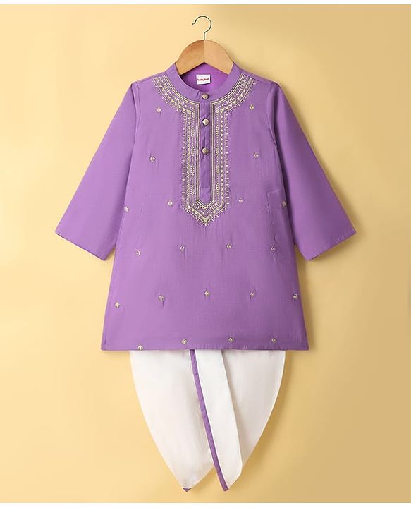 Babyhug Chanderi Woven Full Sleeves Kurta Dhoti Set with Embroidery - Purple