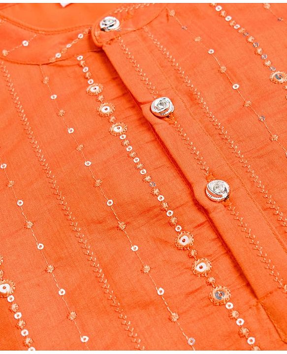 Babyhug Chanderi Woven Full Sleeves Kurta Dhoti Set With Sequin Detailing - Orange