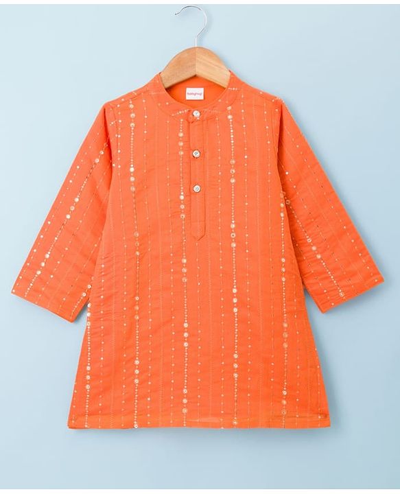 Babyhug Chanderi Woven Full Sleeves Kurta Dhoti Set With Sequin Detailing - Orange