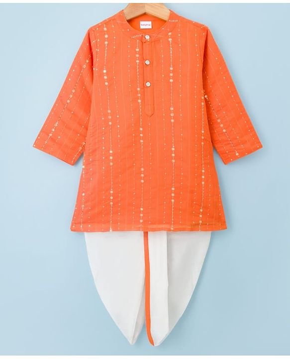 Babyhug Chanderi Woven Full Sleeves Kurta Dhoti Set With Sequin Detailing - Orange