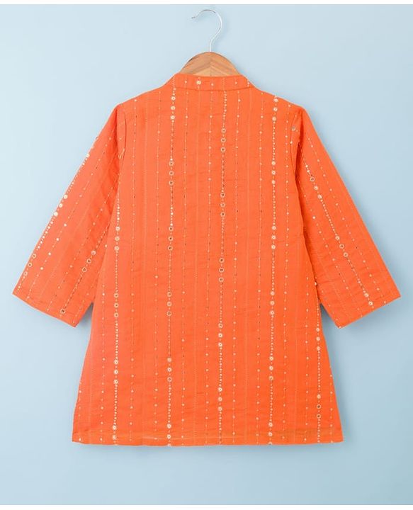 Babyhug Chanderi Woven Full Sleeves Kurta Dhoti Set With Sequin Detailing - Orange