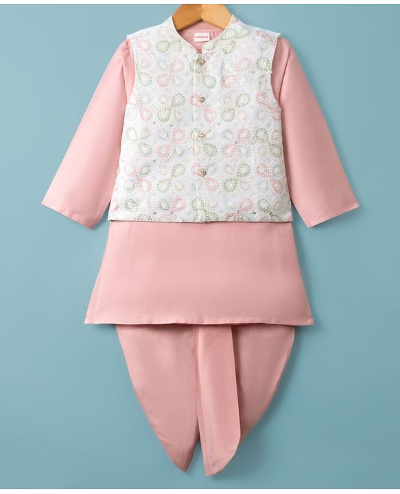 Babyhug Cotton Blend Woven Full Sleeves Kurta Dhoti Set With Sequinned Jacket - Peach