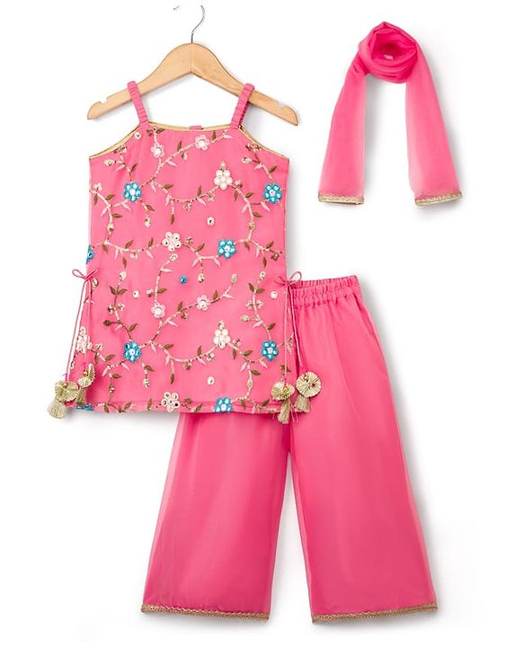 Babyhug Organaza Woven Sleeveless Floral Embroidered Kurti & Sharara Set With Dupatta - Pink