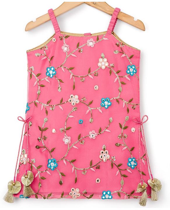 Babyhug Organaza Woven Sleeveless Floral Embroidered Kurti & Sharara Set With Dupatta - Pink