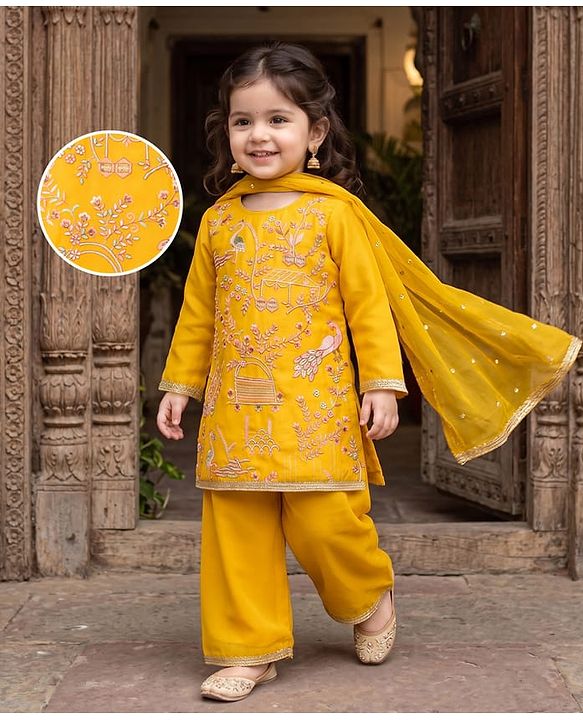 Babyhug Georgette Woven Full Sleeves Floral Embroidered Kurti Sharara Set With Dupatta - Yellow