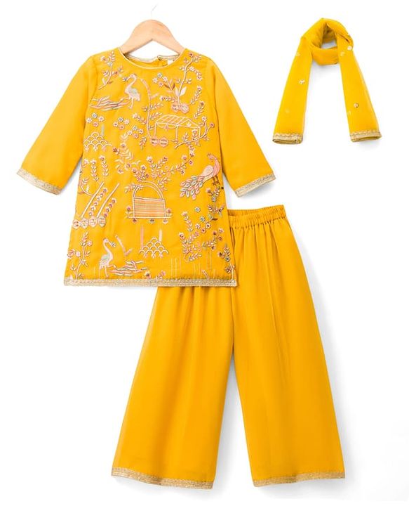 Babyhug Georgette Woven Full Sleeves Floral Embroidered Kurti Sharara Set With Dupatta - Yellow