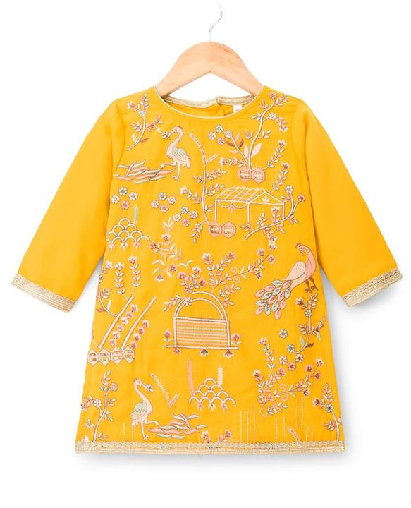 Babyhug Georgette Woven Full Sleeves Floral Embroidered Kurti Sharara Set With Dupatta - Yellow