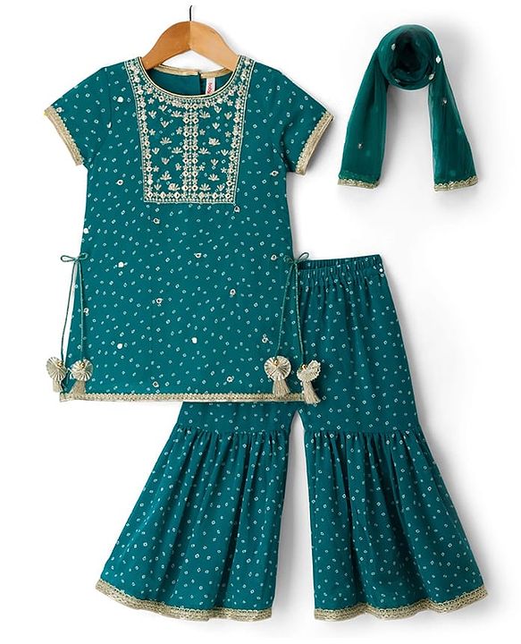 Babyhug Georgette Woven Half Sleeves Printed Kurti Gharara Set With Floral Embroidery & Dupatta - Mint Green