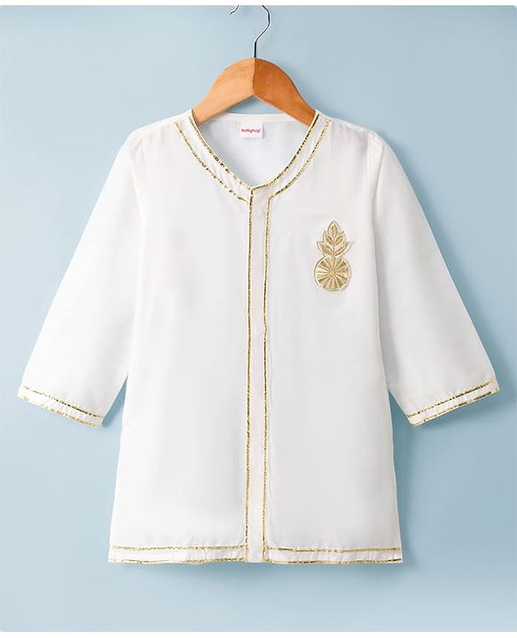 Babyhug Cotton Blend Woven Full Sleeves Kurta Dhoti Set With Floral Embroidery - White