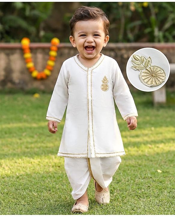 Babyhug Cotton Blend Woven Full Sleeves Kurta Dhoti Set With Floral Embroidery - White