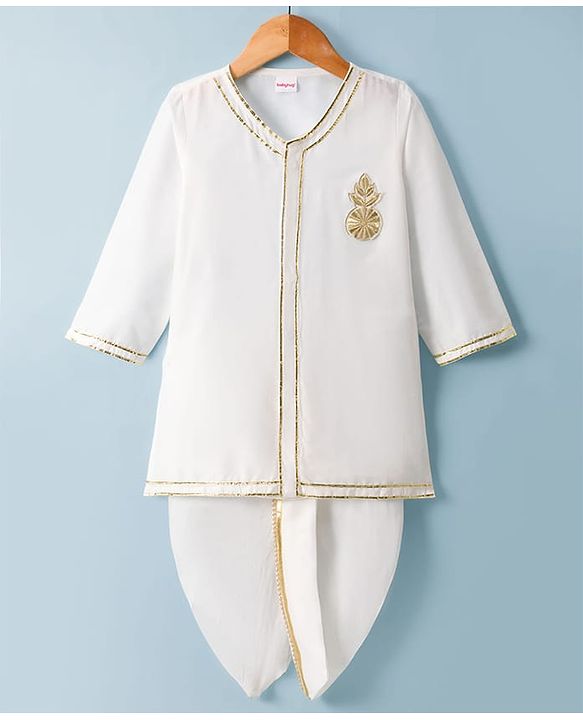 Babyhug Cotton Blend Woven Full Sleeves Kurta Dhoti Set With Floral Embroidery - White
