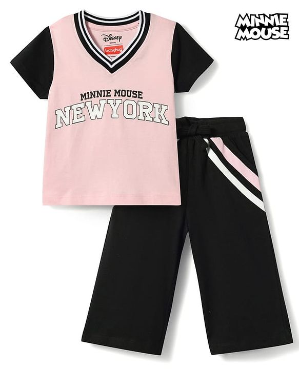 Babyhug Disney 100% Cotton Knit Half Sleeves T-Shirt & Pant Set With Minnie Mouse Graphics - Multicolor
