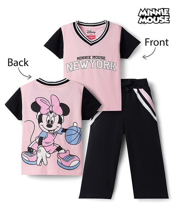 Babyhug Disney 100% Cotton Knit Half Sleeves T-Shirt & Pant Set With Minnie Mouse Graphics - Multicolor