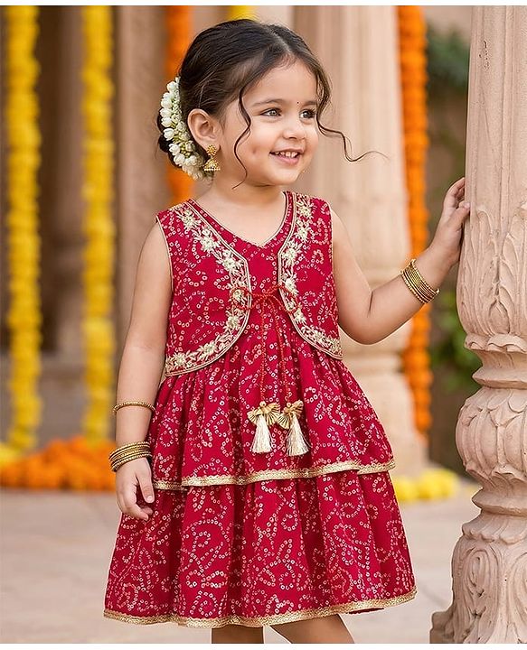 Babyhug Georgette Woven Sleeveless Ethnic Dress With With Bandhani Print & Shrug - Red