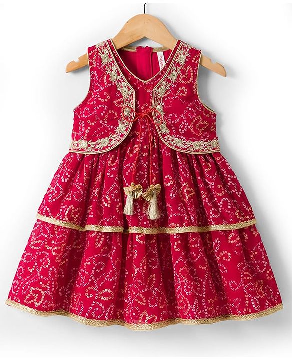 Babyhug Georgette Woven Sleeveless Ethnic Dress With With Bandhani Print & Shrug - Red