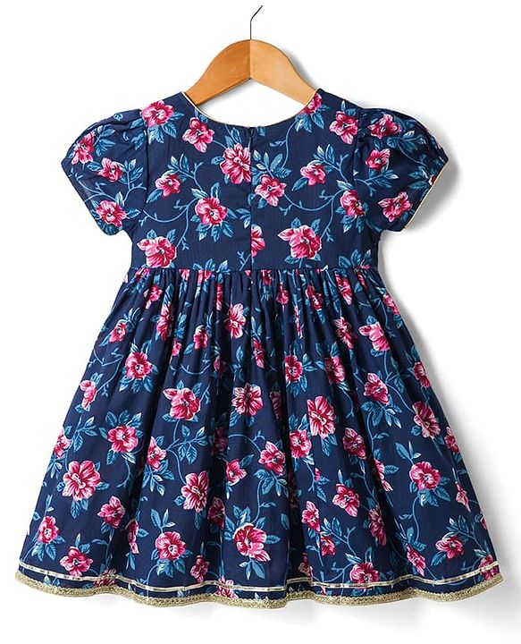 Babyhug Cambric Woven Half Sleeves Ethnic Dress with Floral Print & Embroidery - Navy Blue