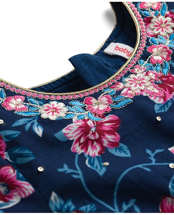 Babyhug Cambric Woven Half Sleeves Ethnic Dress with Floral Print & Embroidery - Navy Blue