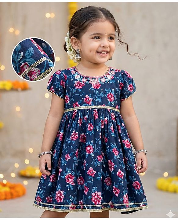 Babyhug Cambric Woven Half Sleeves Ethnic Dress with Floral Print & Embroidery - Navy Blue