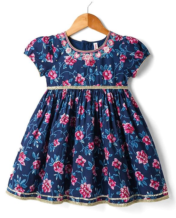 Babyhug Cambric Woven Half Sleeves Ethnic Dress with Floral Print & Embroidery - Navy Blue